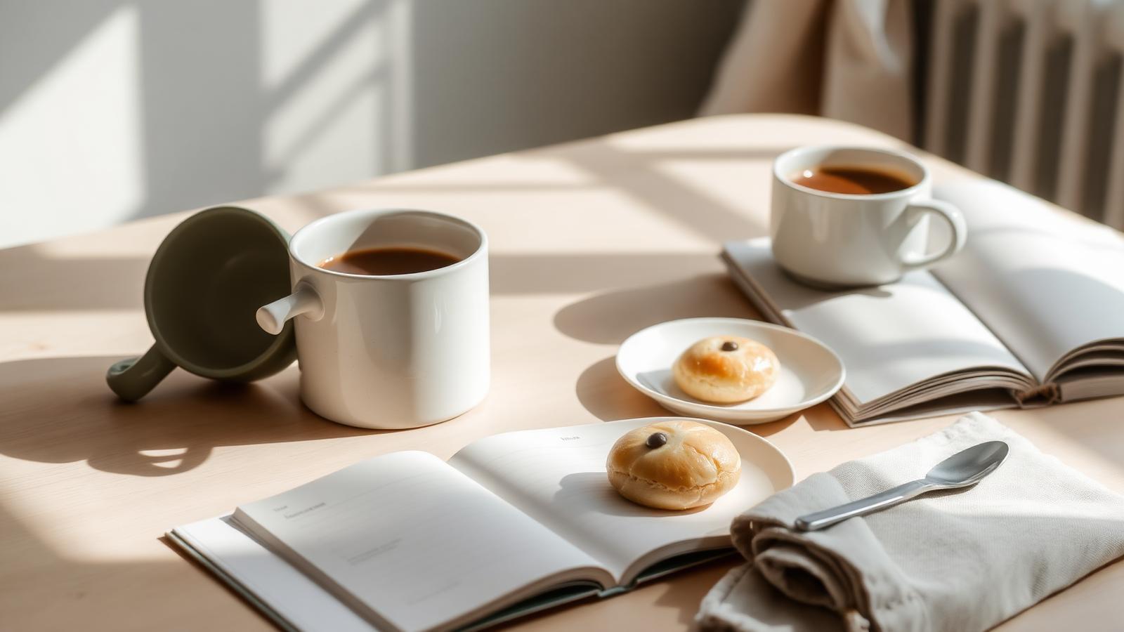 A softly lit Scandinavian table with two ceramic mugs, a small cardamom bun on a plate, an open notebook, and a folded linen napkin in warm morning light.