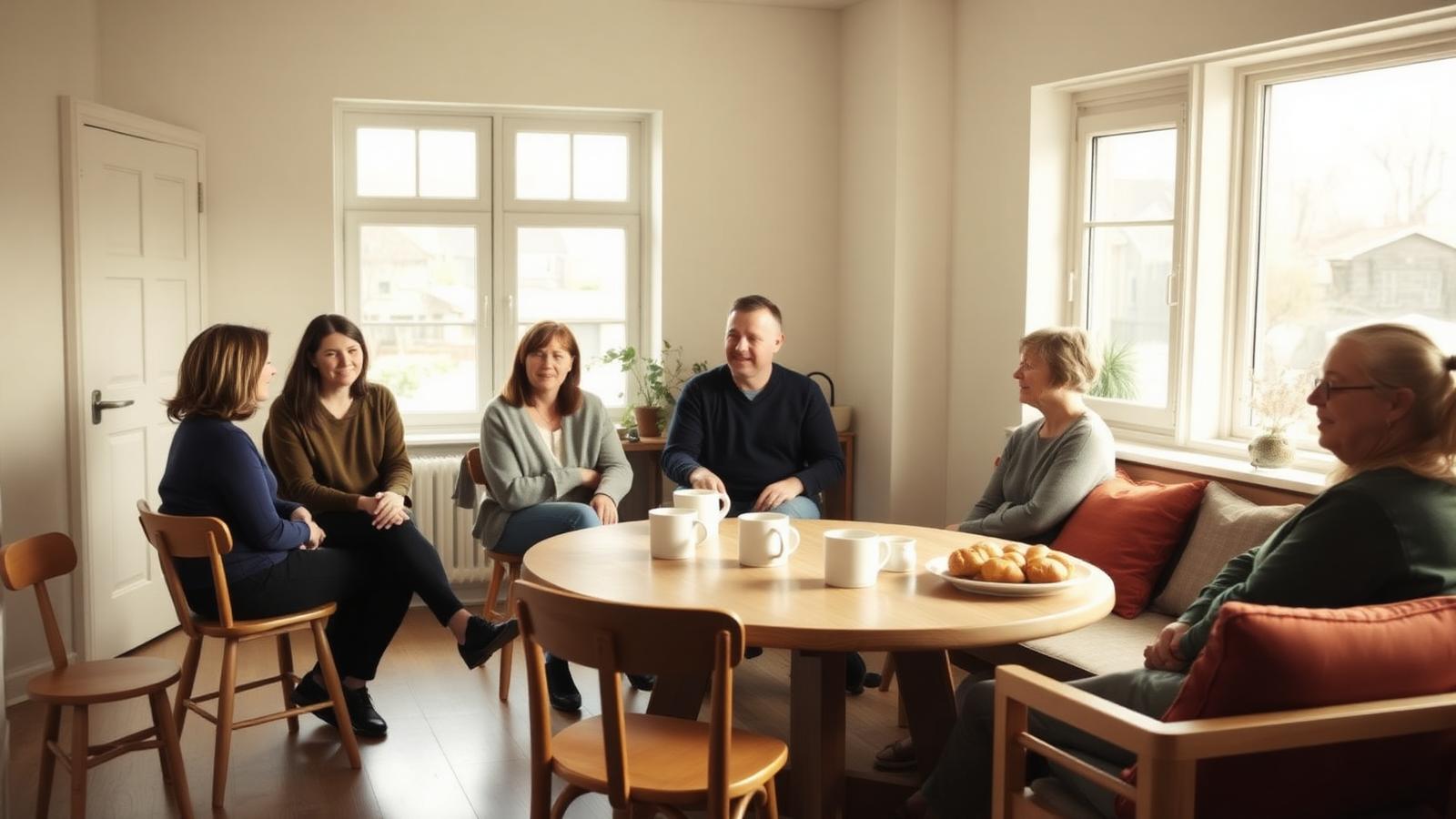 A small group of neighbors of different ages sitting around a simple wooden table in a bright community room with big windows, coffee, and soft afternoon light — an ordinary welcoming space.