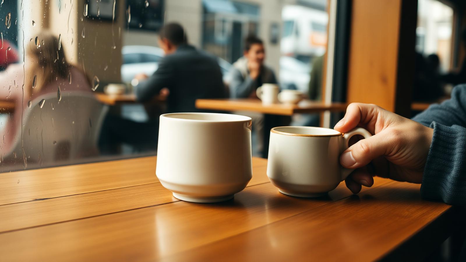 Two mugs on a wooden café table by a rain-flecked window, with blurred figures of other patrons in the background — a scene of being around people while sitting alone.