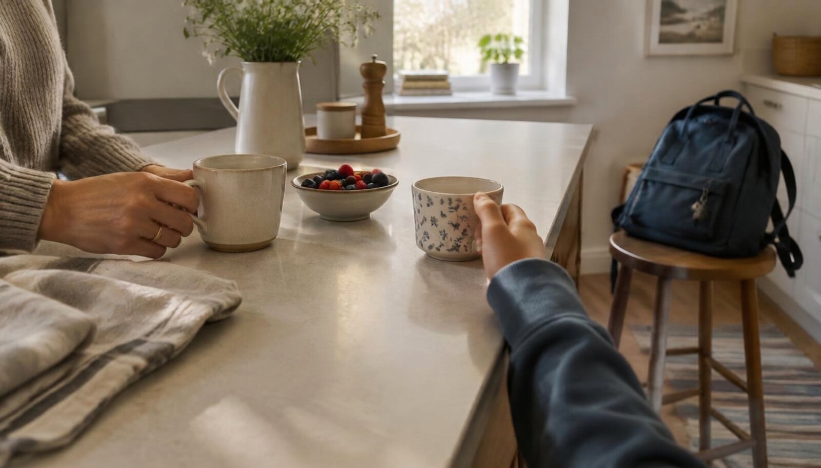 An adult and a child holding mugs at a kitchen counter after school, with a small bowl of berries between them and a backpack resting on a stool.