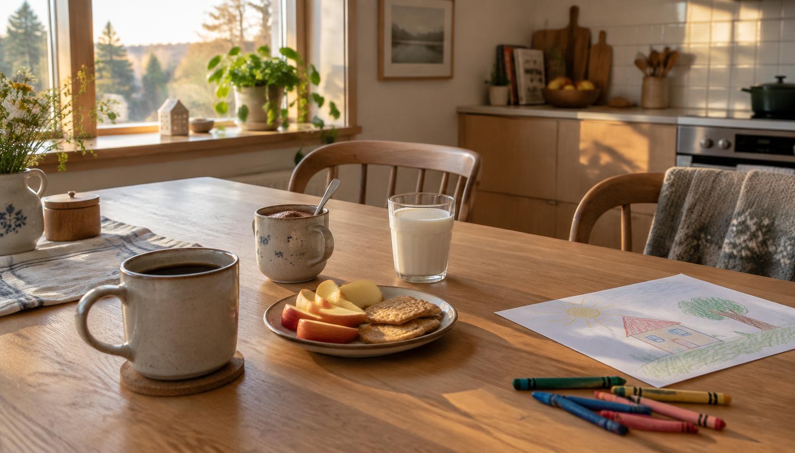 An ordinary wooden kitchen table in late-afternoon light with a mug of coffee, a cup of cocoa, a glass of milk, a plate of sliced apple and crackers, and a child's crayon drawing.
