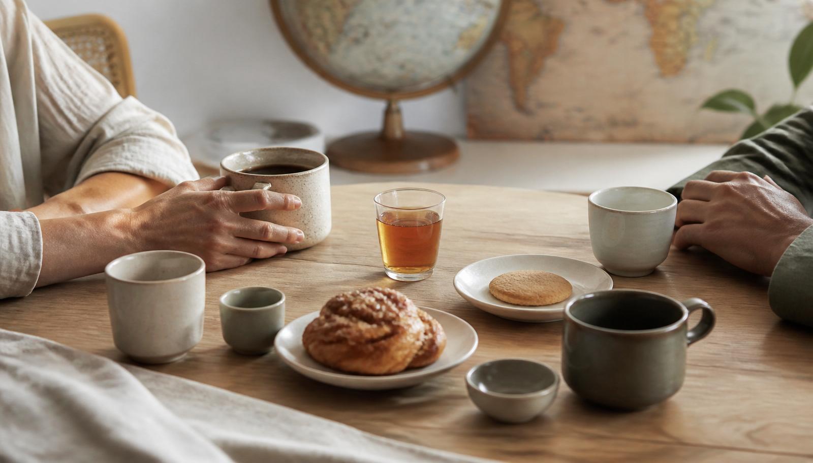 A light-wood table set for shared fika: a ceramic mug of coffee, a glass of tea, a cardamom bun and a plain biscuit on small plates, several different simple cups, and two people's hands resting near them, with a softly out-of-focus world map and globe in the background.