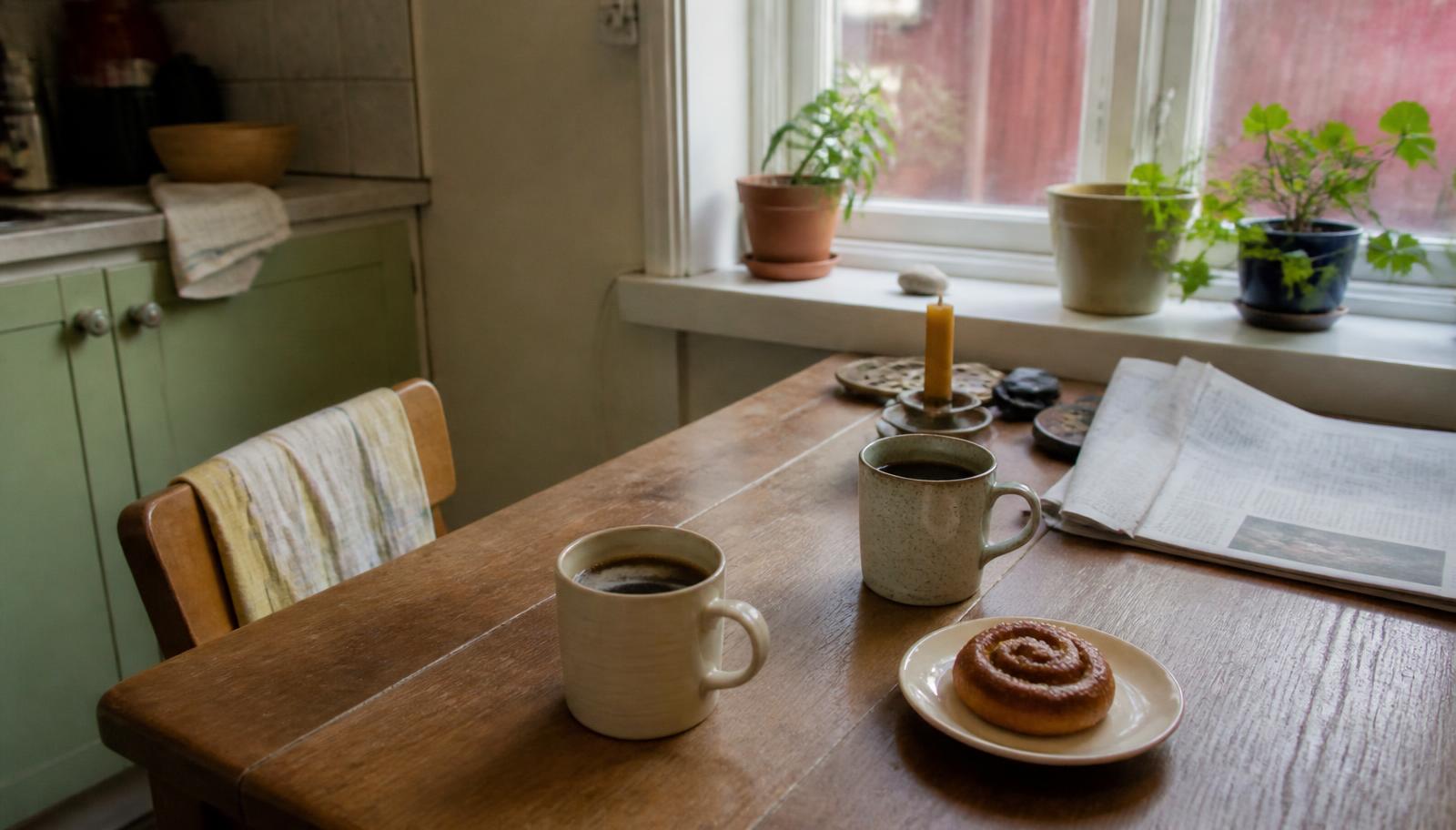 A worn wooden kitchen table in an ordinary home with two mismatched mugs of coffee, a single cinnamon bun on a small plate, a folded newspaper, and plants on the windowsill in soft daylight.