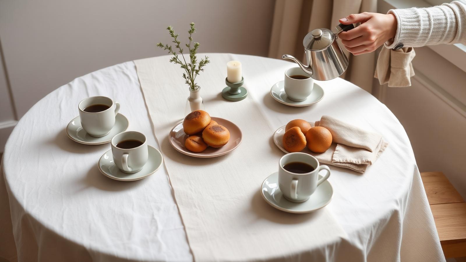A round table set for fika with a white linen tablecloth, ceramic cups on saucers, a small plate of cinnamon and cardamom buns, a candle, a vase of greenery, and a hand pouring coffee from a slim pot in soft daylight.