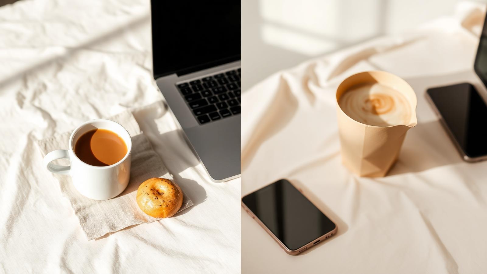 A split editorial still life: on one side a ceramic mug of coffee and a cardamom bun on a linen napkin; on the other side a paper takeaway cup, a phone, and a laptop in soft morning light.