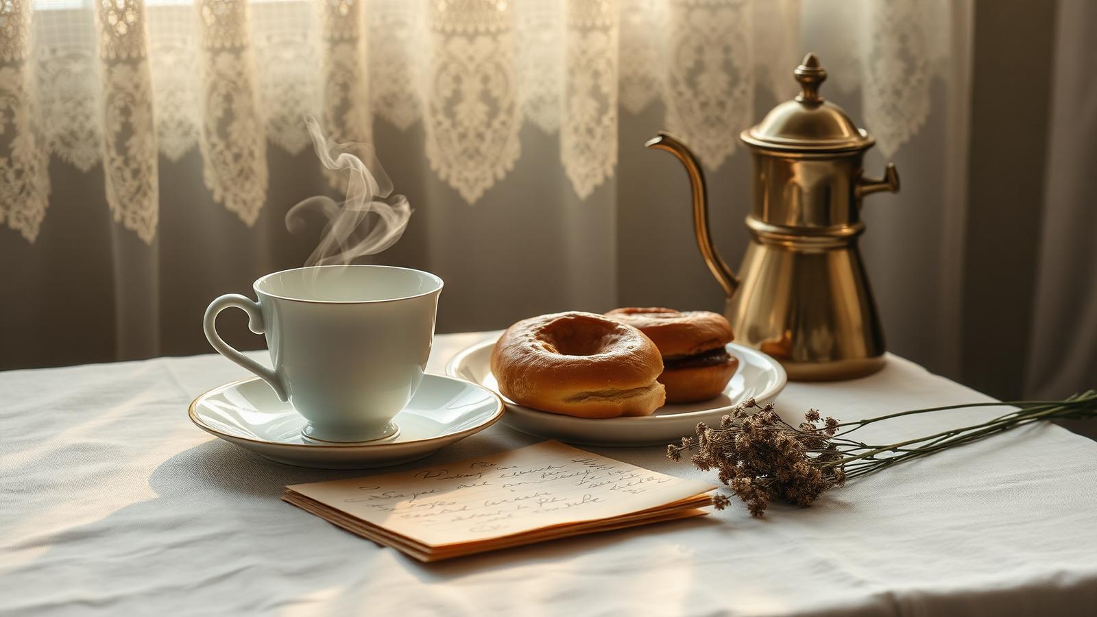 A vintage Swedish porcelain coffee cup steaming beside an antique brass coffee pot, cinnamon buns, and a handwritten letter on a linen cloth lit by soft morning light.