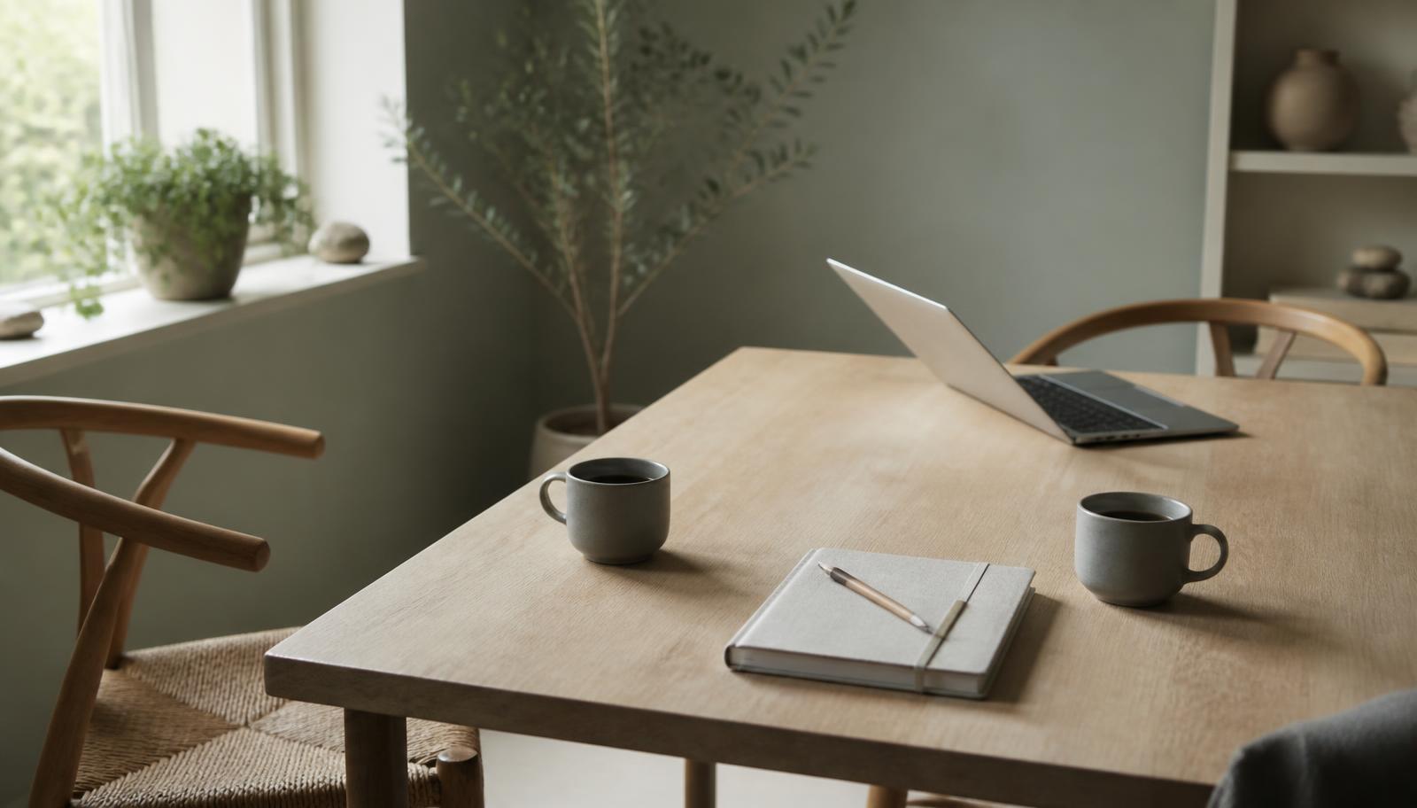 A quiet Nordic workplace table in soft window light: two wooden chairs angled toward one another, two plain stone-grey ceramic mugs, a closed linen notebook with a pencil, and a laptop pushed to the edge of the table with its lid half-closed.