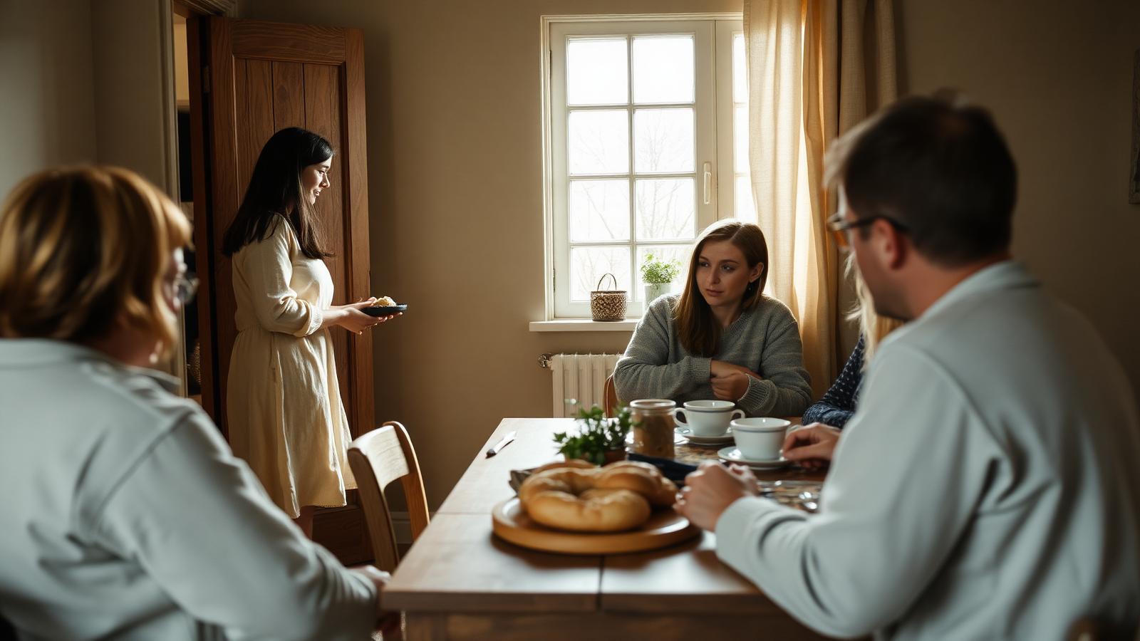 A host greeting a friend at a wooden doorway while others share coffee and bread around a simple table in warm window light — an ordinary act of welcome.