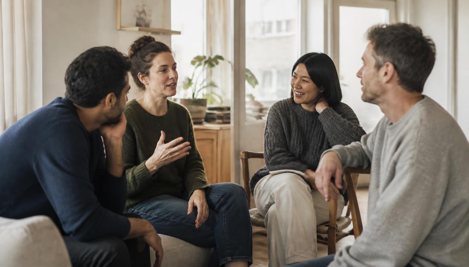 Four adults in a loose circle in a sunlit living room — a woman in a green sweater speaking with an open hand gesture, a man beside her leaning in with his chin resting on his hand, a woman across from them smiling as she reacts, and a fourth person turned toward the speaker with an arm draped over a chair back.