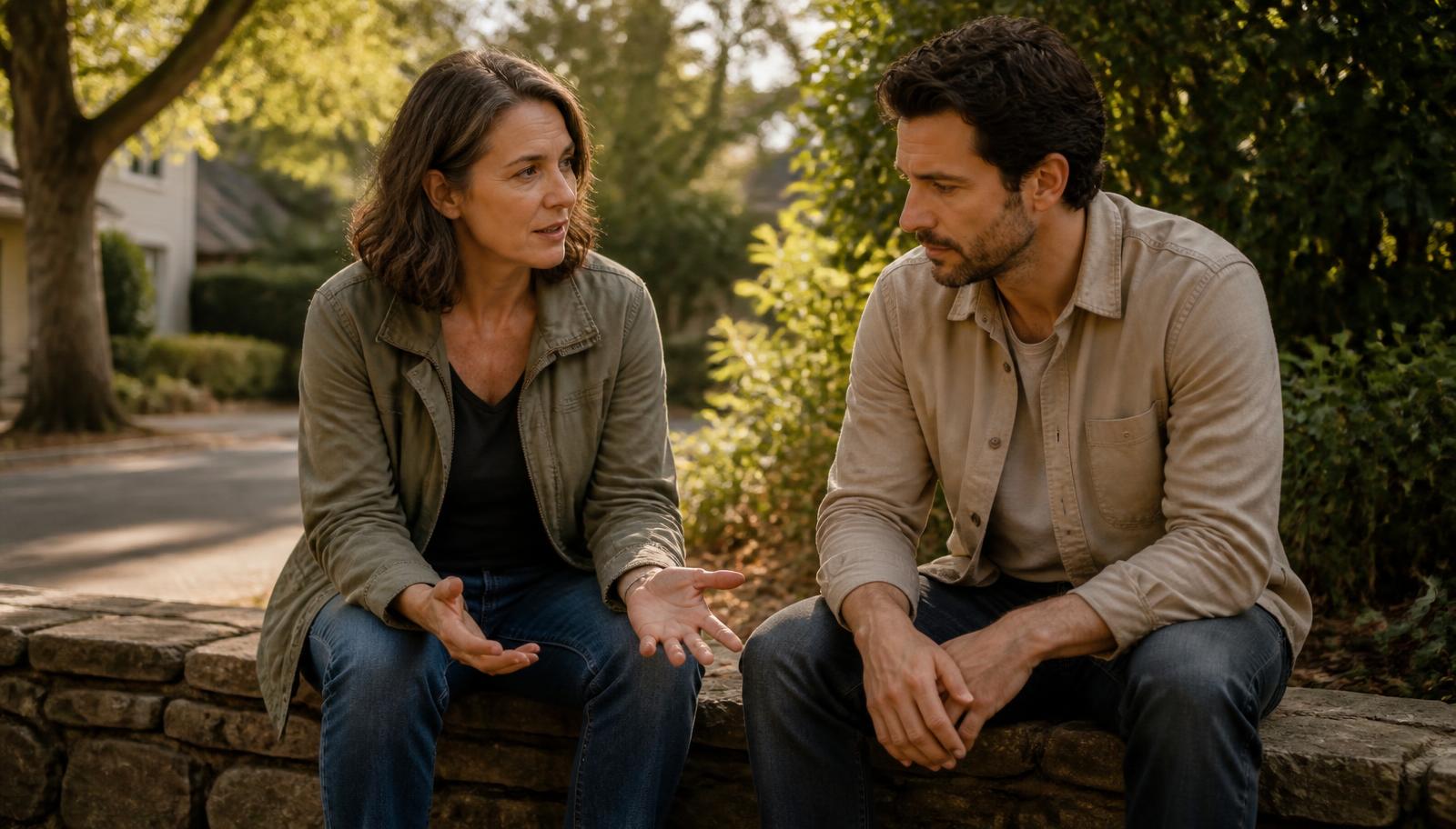 Two adults sitting an arm's length apart on a low stone wall beside a quiet residential street in late afternoon light, one speaking with open hands and a serious expression while the other listens with lowered eyes and a concentrating brow.