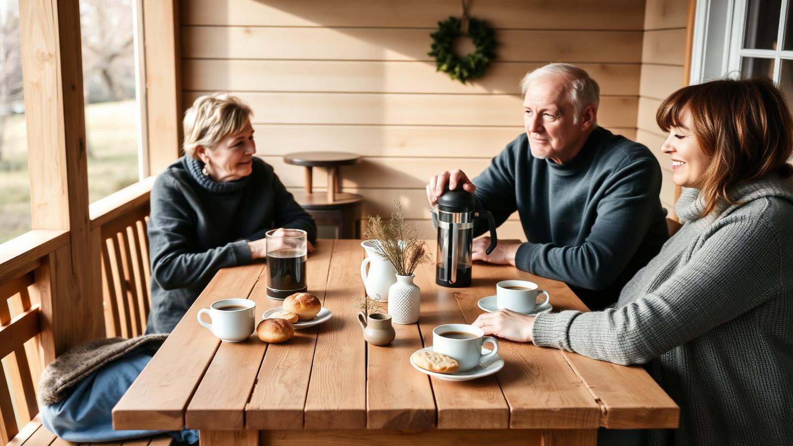 Four people of different ages seated together at a natural wooden table on a bright Scandinavian porch, sharing coffee from a French press, simple ceramic mugs, a small plate of cinnamon buns and a plain biscuit, and a small vase of dried greenery, in warm daylight.