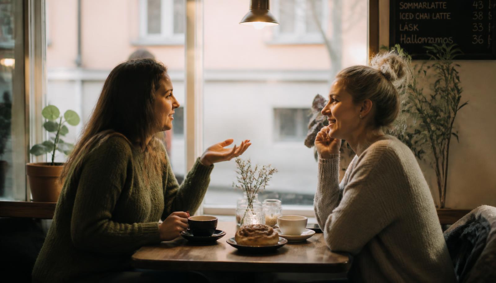 Two friends in easy conversation across a small wooden café table with coffee cups and a cinnamon bun, warm late-afternoon light through the window.