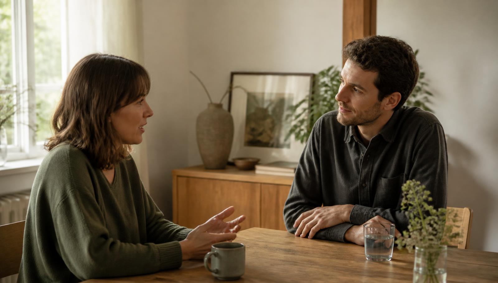 Two people sitting at a wooden table by a window in soft daylight; one speaks with an open hand gesture while the other rests still, turned toward her, listening.