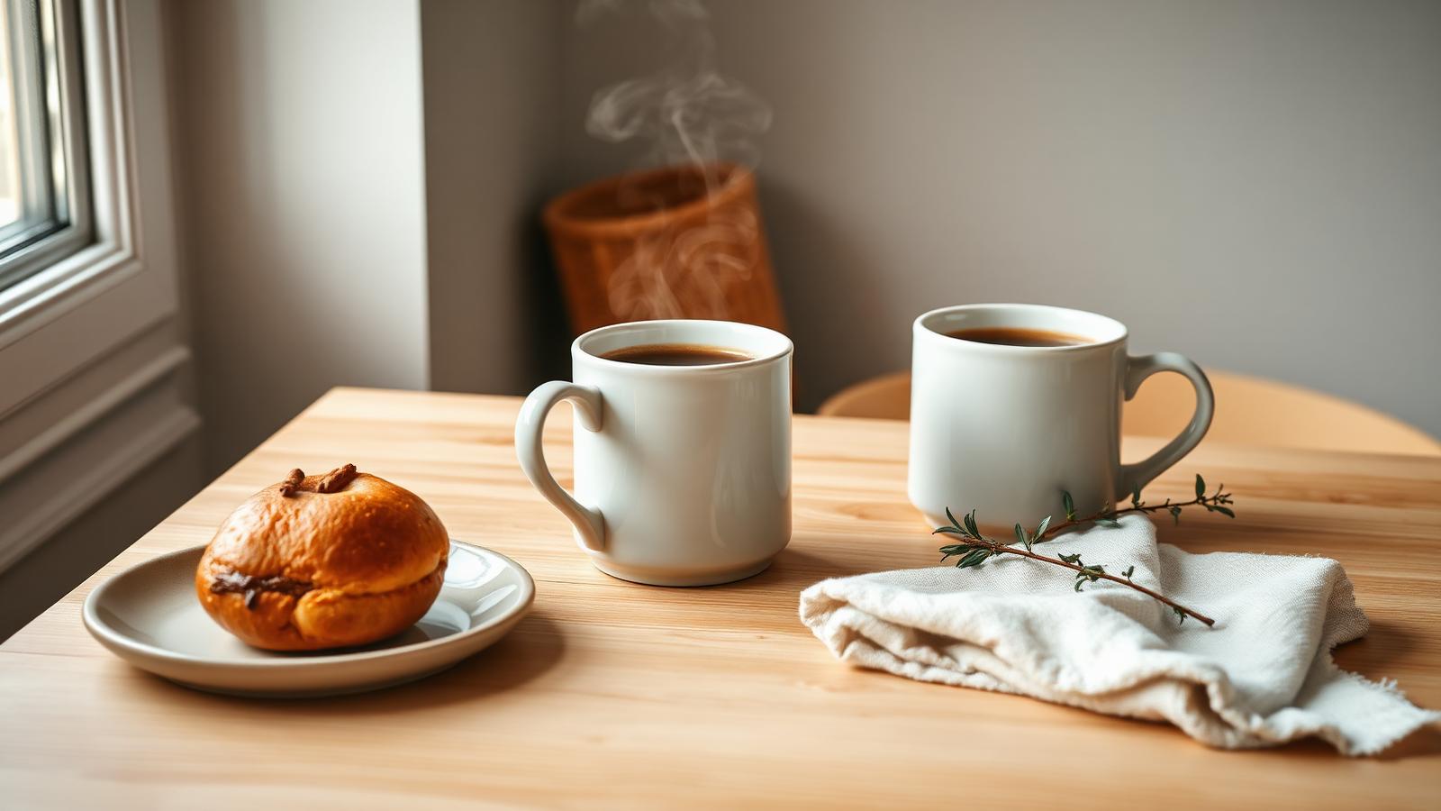 Two ceramic mugs of coffee steaming on a light wooden table beside a cinnamon bun and a linen napkin, softly lit by morning window light.