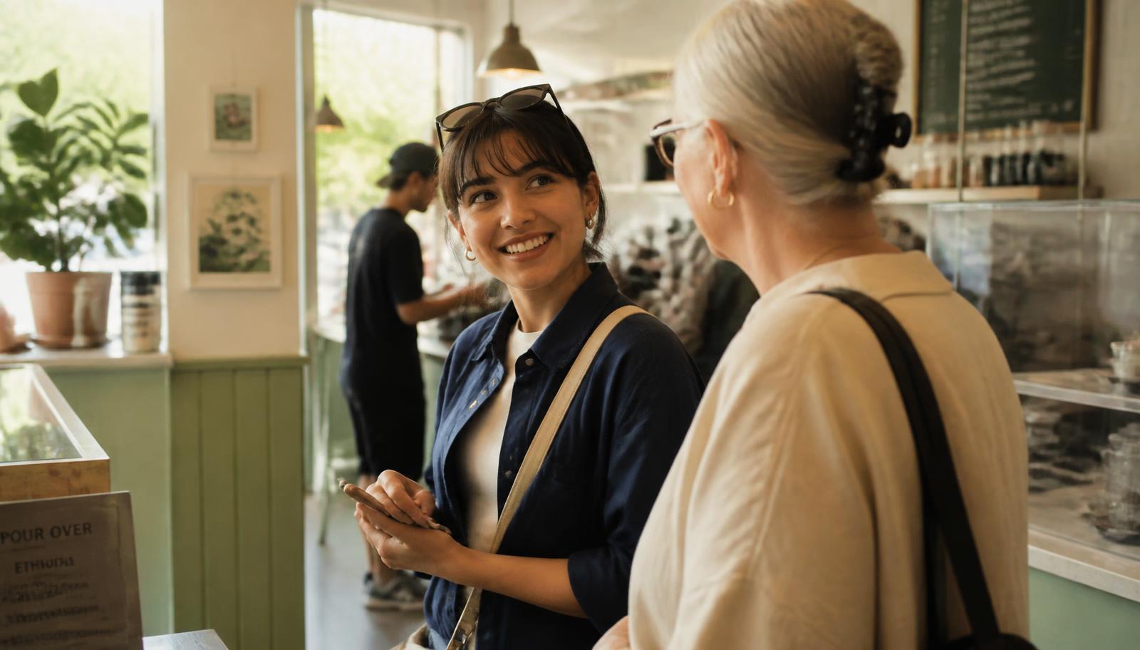 Two people of different ages beginning a friendly conversation while waiting at the counter of a bright neighborhood coffee shop in warm afternoon light.