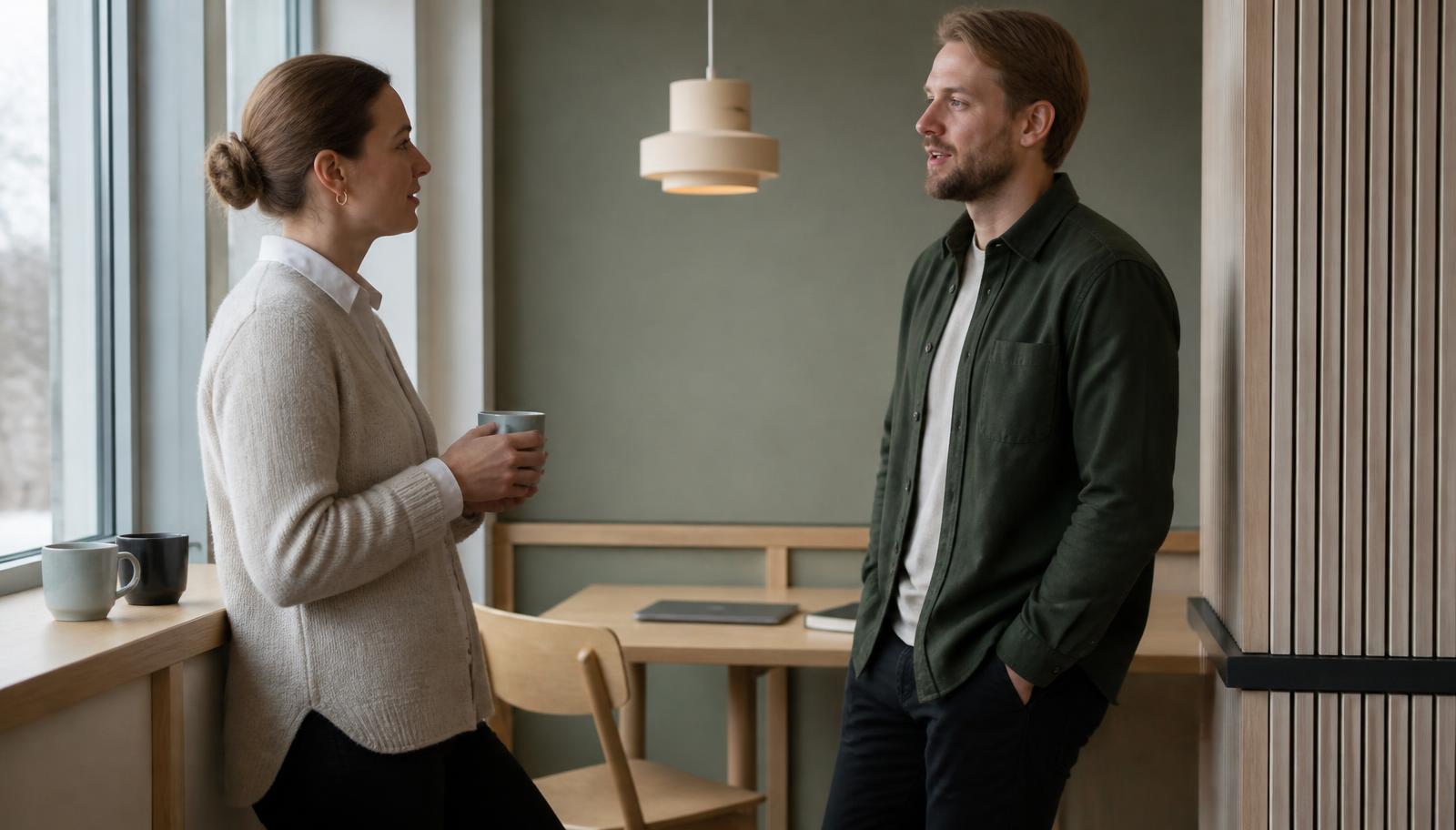 Two colleagues standing a comfortable distance apart in a quiet Nordic break area, talking unhurriedly by a tall window, one holding a ceramic mug, a closed laptop and notebook left on the birch table behind them.