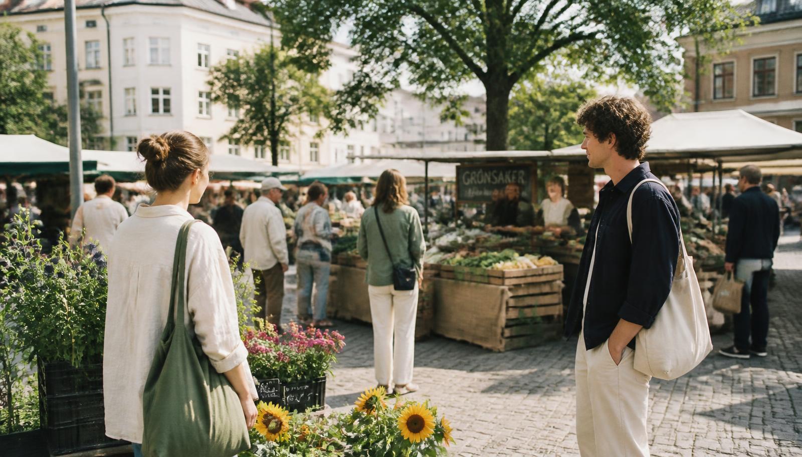 An outdoor farmers market in a cobbled public square on a summer morning, with people spaced comfortably apart browsing flower buckets and vegetable crates, one person pausing and glancing toward another across the stalls.