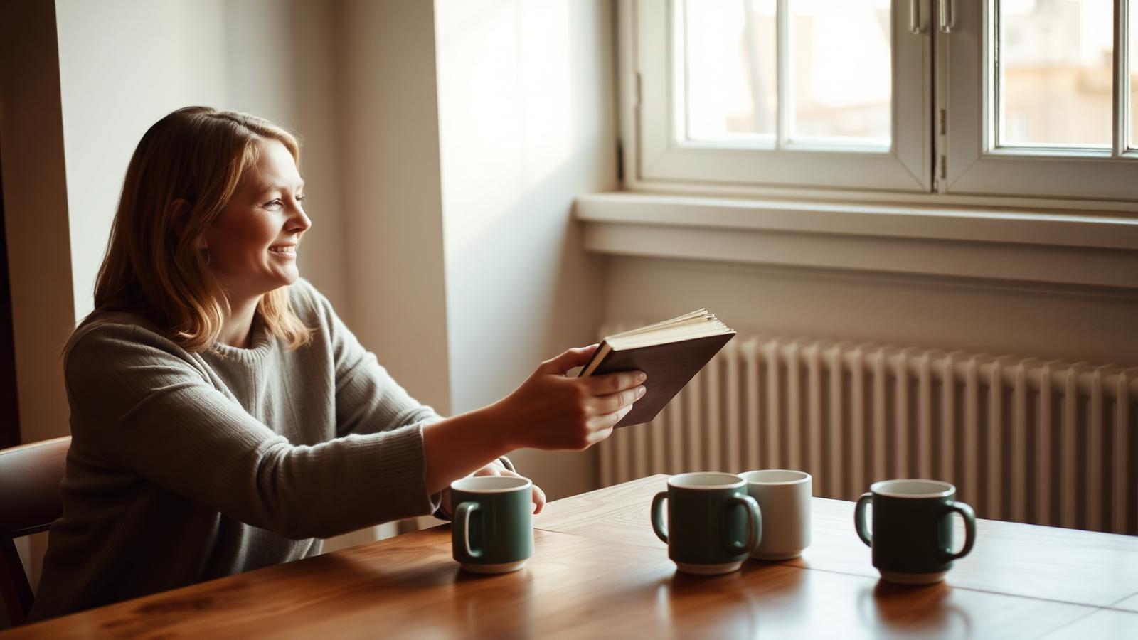 Two people at a wooden table in warm window light, one handing back a book with a quiet, reliable smile — an ordinary moment of trust.