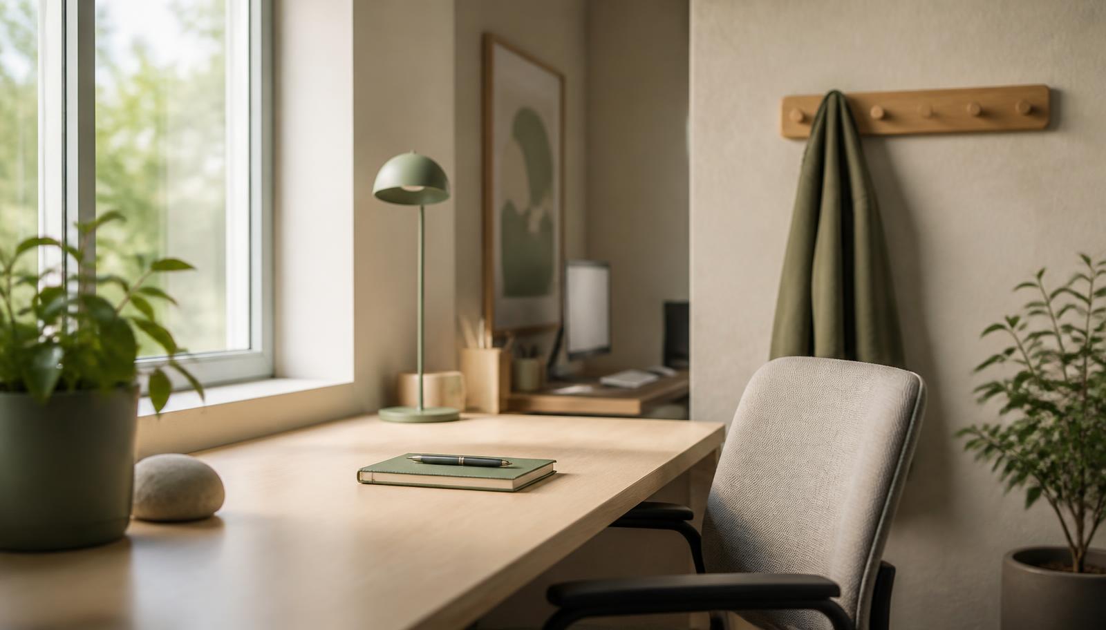 A quiet Nordic workplace corner in soft daylight: a light birch desk by a window with an empty chair pulled out beside it, a closed notebook and pen laid ready on the bare desktop, a green jacket hanging from a wooden wall rail with one hook still free, and potted plants either side.