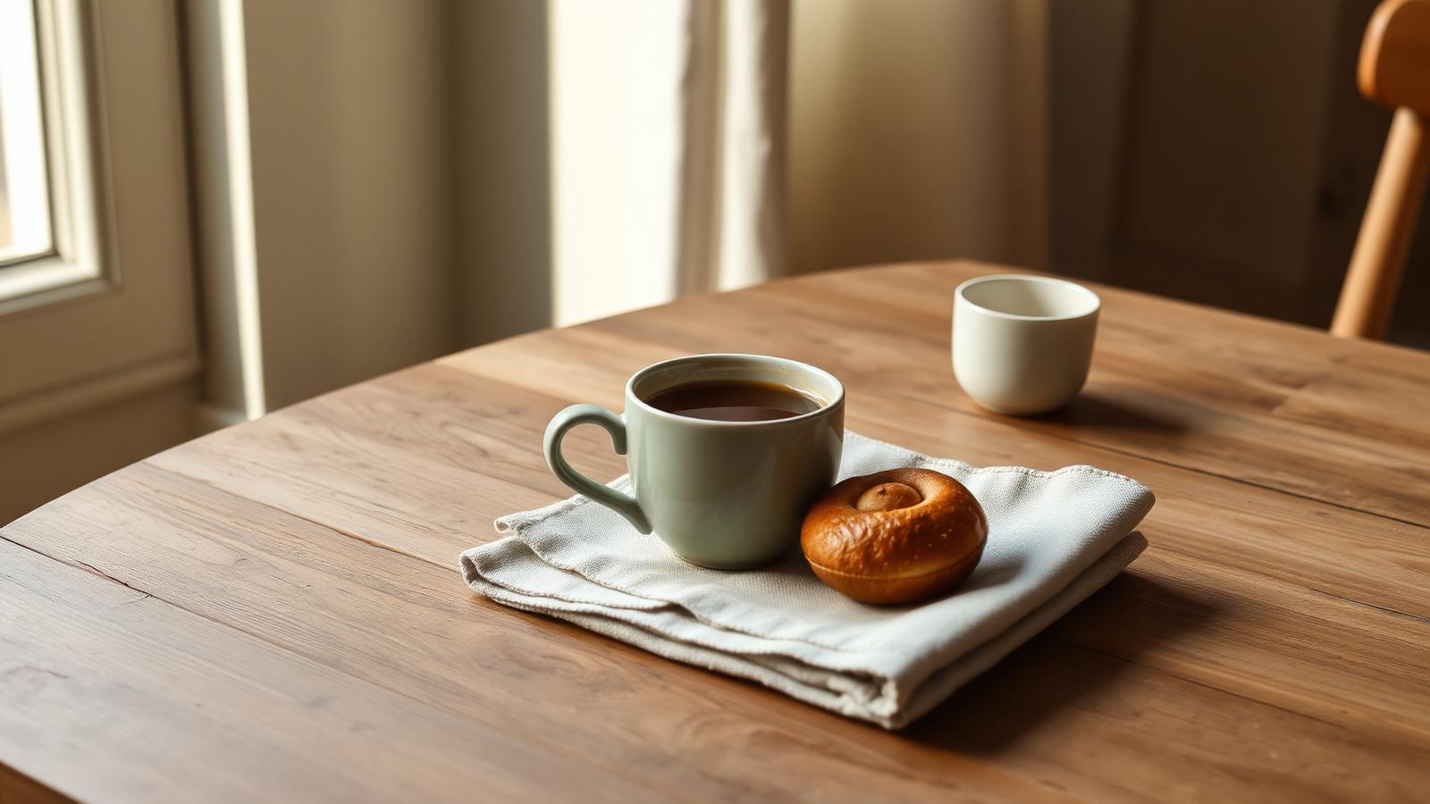 Two ceramic cups of coffee and a small cinnamon bun on a wooden table, softly lit by morning light in a Scandinavian kitchen.