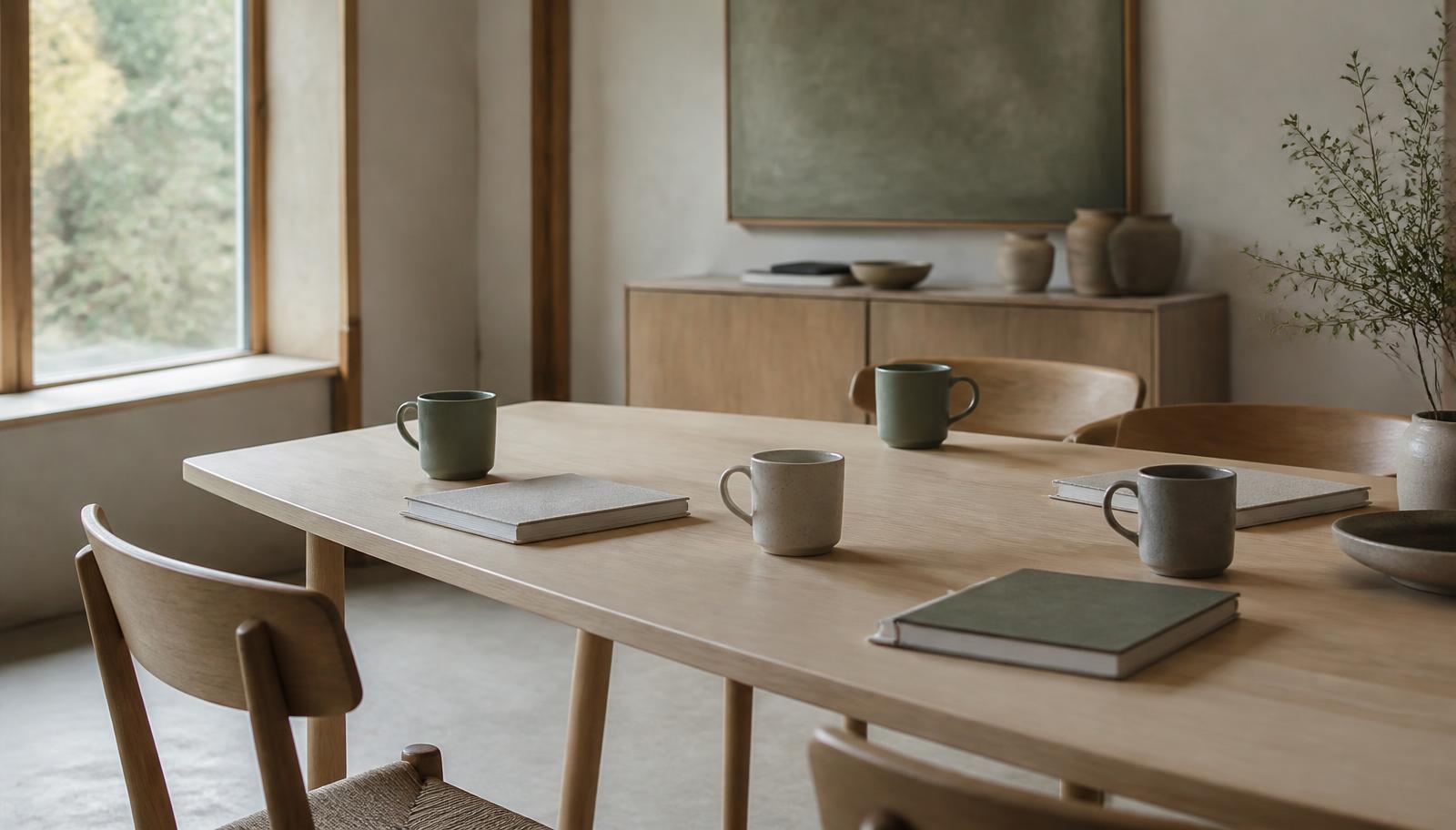 A quiet Nordic workplace table in soft window light with several wooden chairs around it — one angled slightly toward the group — a few closed notebooks, and plain ceramic mugs in sage, cream, and stone tones. No people.