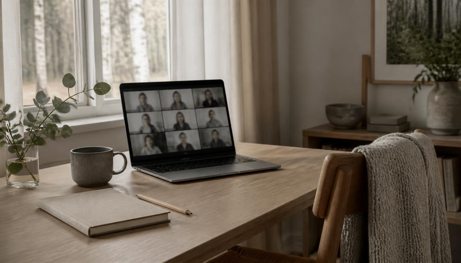 A quiet home workspace in northern daylight: an open laptop set off-centre on a pale oak desk showing a softly blurred grid of small video-call tiles, a single stone-grey ceramic mug beside it, a closed linen notebook and pencil, a sprig of greenery in a glass, and a knitted throw over a wooden chair by a window with birch trees outside.