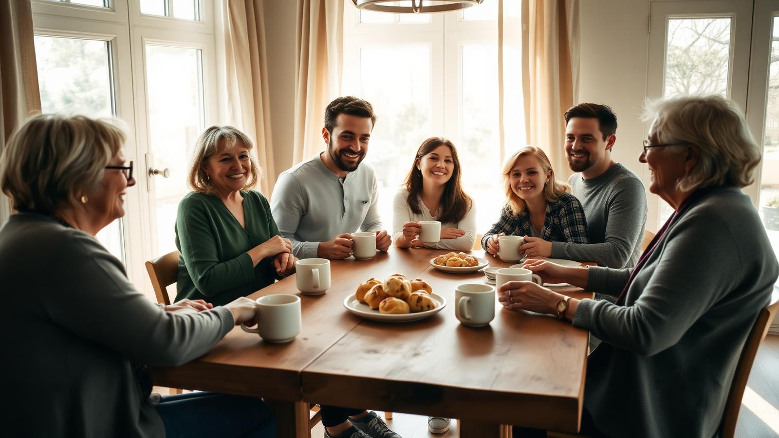 A multi-generational group of neighbors sharing coffee and simple pastries around a warm wooden table in soft afternoon light — an ordinary moment of welcome and continuity.