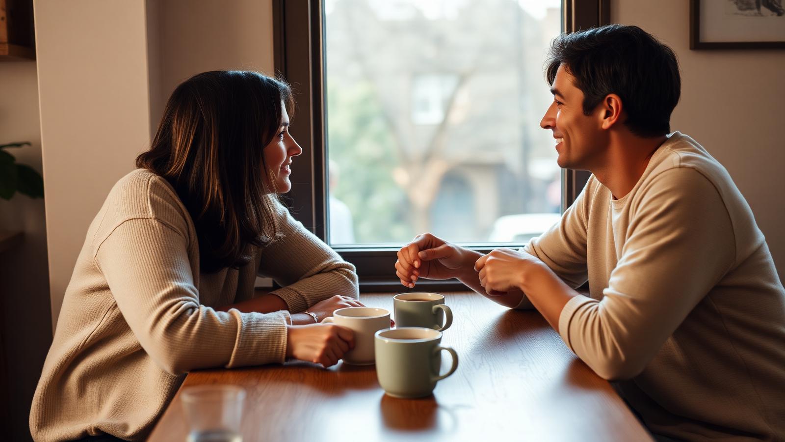 Two friends leaning toward each other across a wooden café table in soft window light, mid-conversation with warm mugs between them — an ordinary scene of attentive talk.