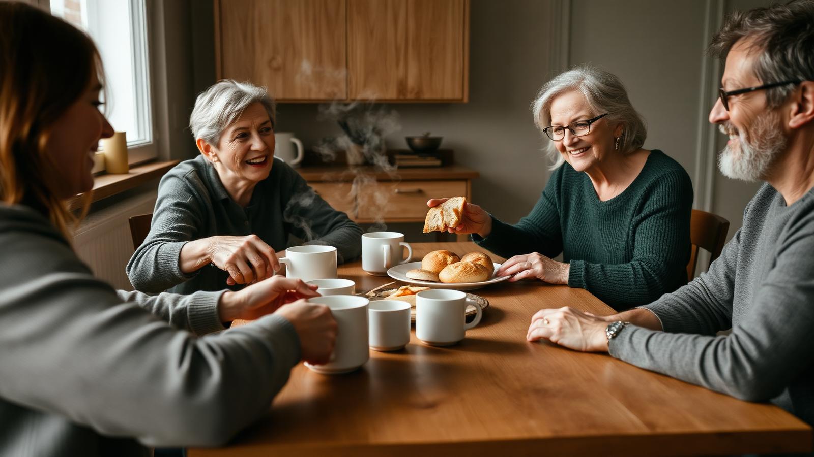 Family and friends of different generations sharing coffee, bread, and easy conversation around a wooden kitchen table in warm afternoon light — an ordinary repeated ritual of connection.