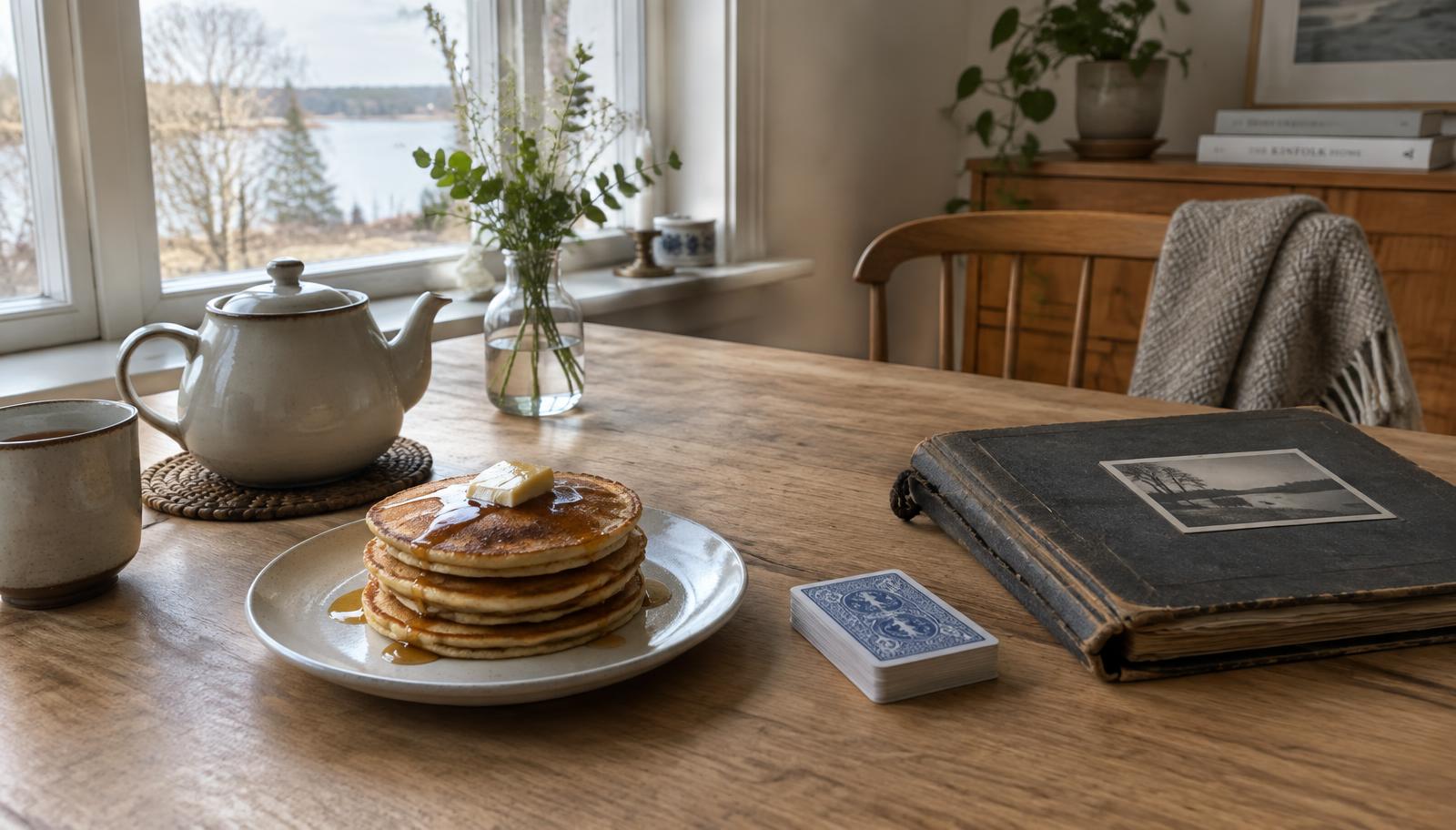 A stack of pancakes, a teapot, a deck of playing cards, and an old photo album on a wooden table by a window on a quiet weekend morning.