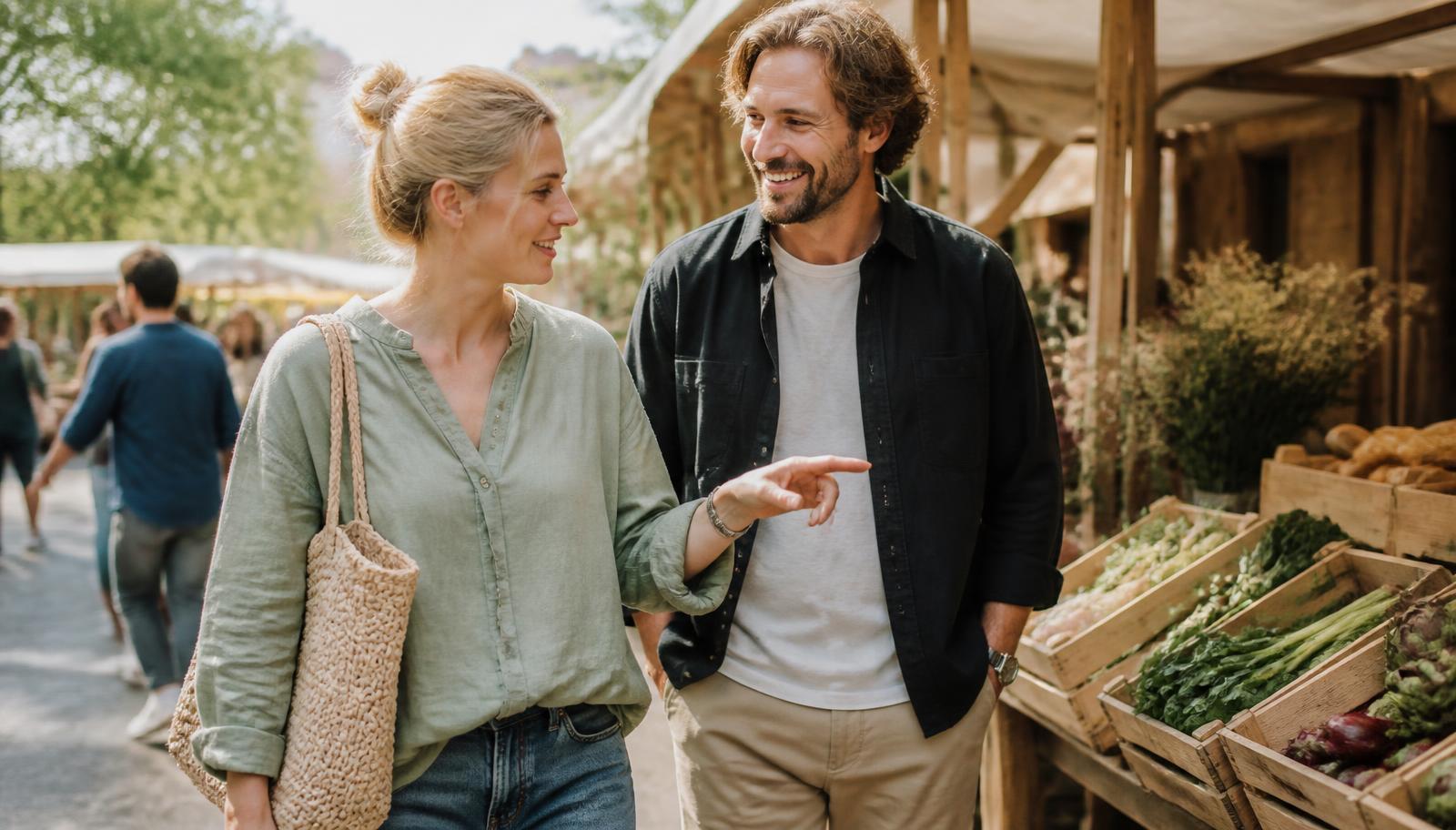 Two people walking side by side through an outdoor farmers market on a spring morning, talking easily while one gestures toward crates of vegetables at a wooden stall.