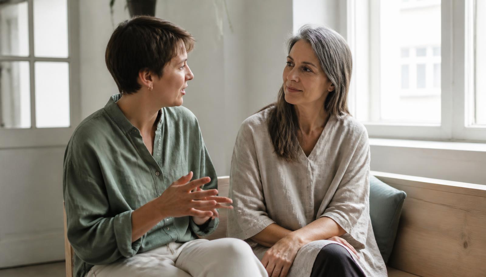 Two women sitting side by side on a wooden bench by a bright window, one speaking with her hands, the other turned toward her listening closely.