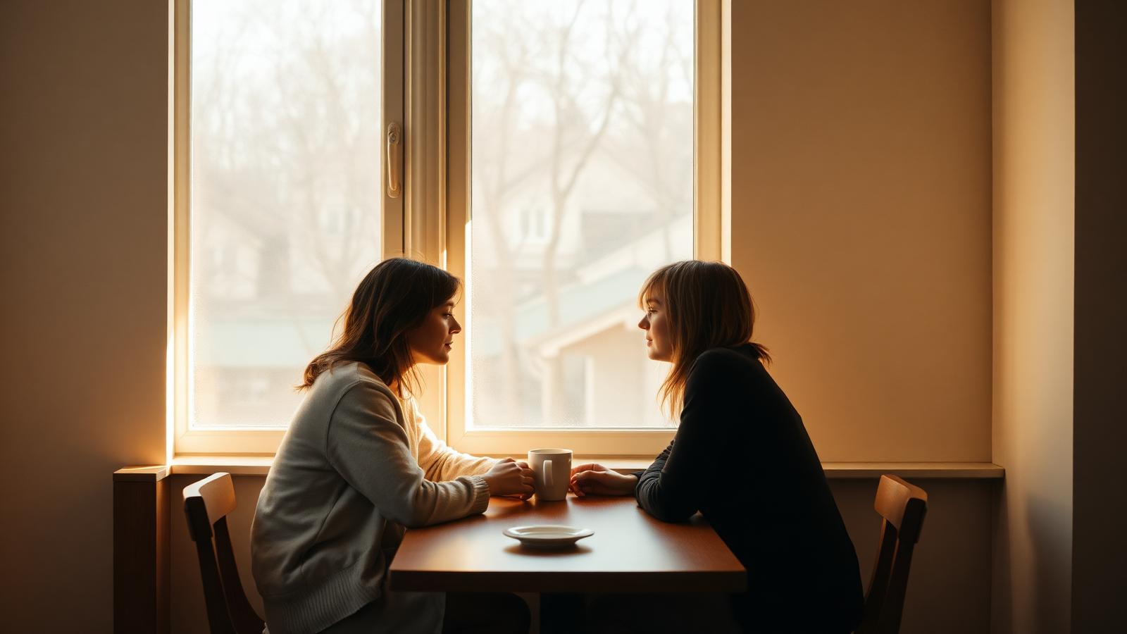 Two people at a wooden table in warm window light, one leaning in and listening as the other speaks — an ordinary moment of being truly heard.