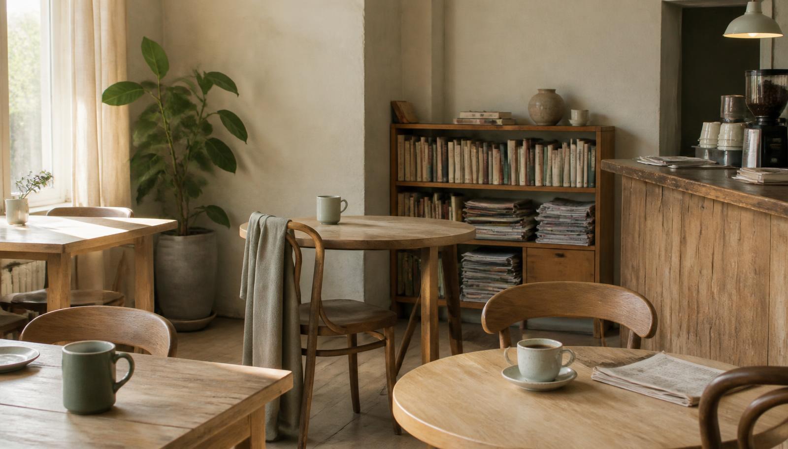 A quiet café and reading room in warm daylight — pale walls, small wooden tables, a low shelf of well-used books and folded newspapers, and plain ceramic mugs. No people are visible.