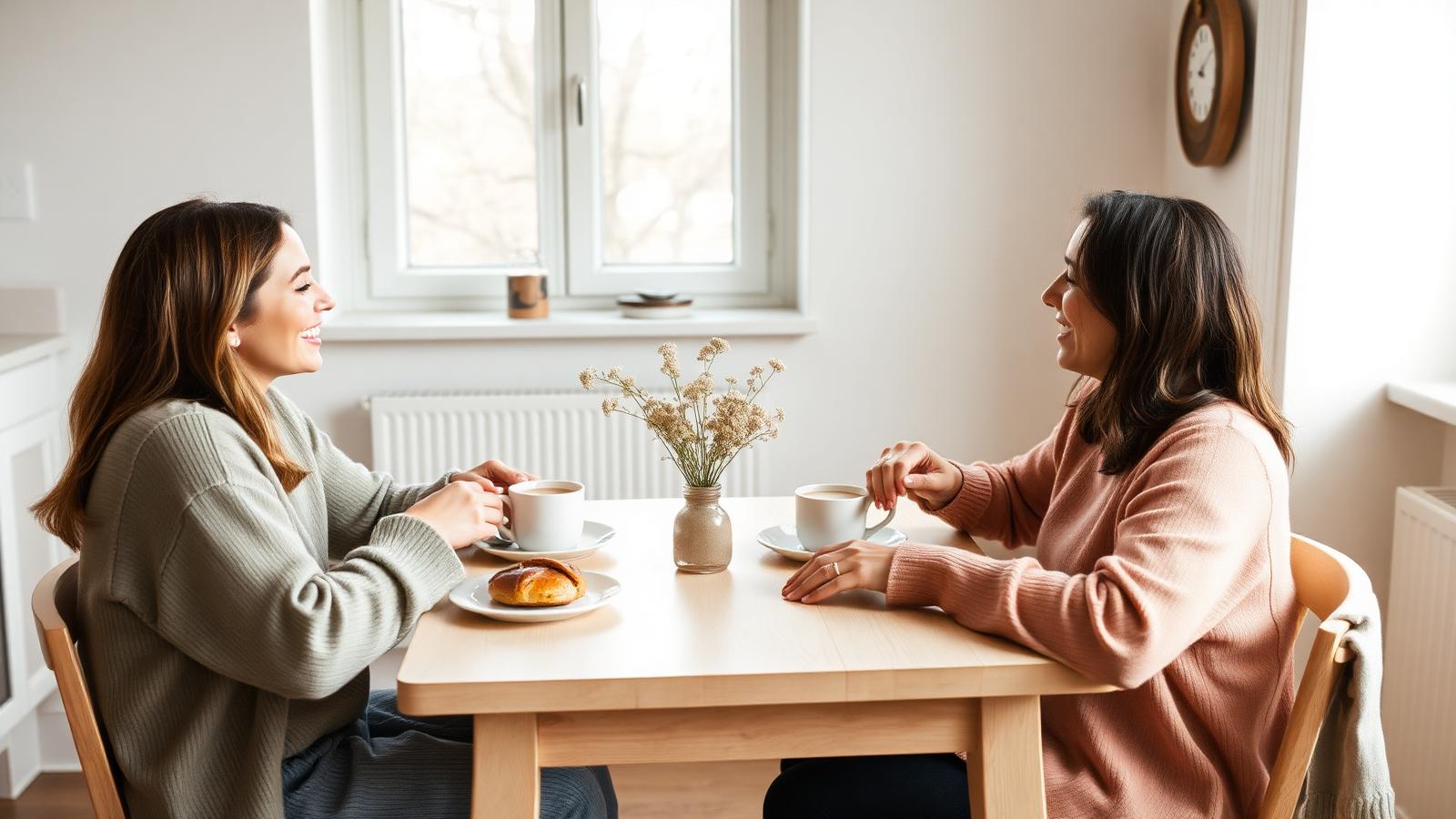 Two friends share coffee and pastries at a wooden table in a bright, minimalist Scandinavian kitchen.