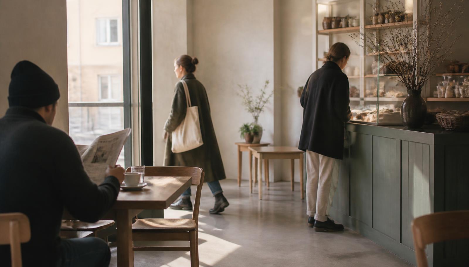 A small café in warm morning light: one person reading a newspaper at a corner table, another passing the window, a third waiting at the counter — sharing a room without interacting.