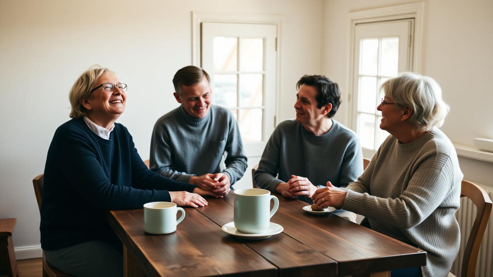 Four people sitting around a warm wooden table in soft natural light, sharing a relaxed conversation with mugs of coffee — an ordinary scene of belonging.