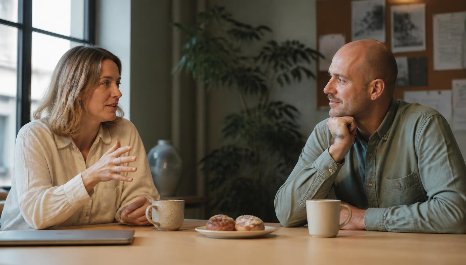 Two colleagues sitting at the corner of a light birch work table in a Nordic office, laptop closed and pushed aside, two ceramic mugs and a small plate of buns between them — one speaking with a relaxed hand gesture while the other listens with a hand under the chin.