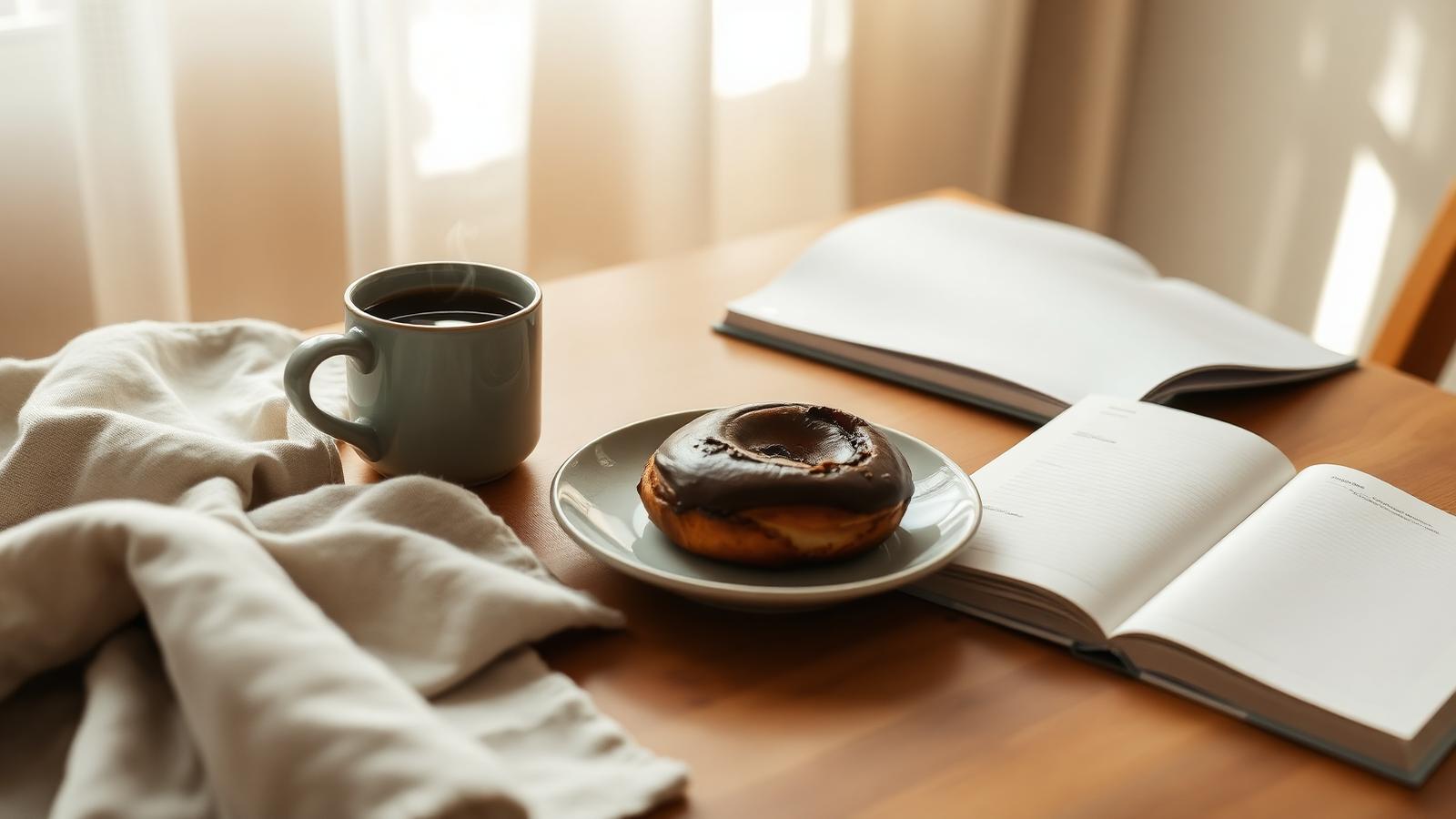 A steaming ceramic mug of coffee beside a small pastry on a linen napkin and an open notebook, in soft warm morning light on a wooden table.