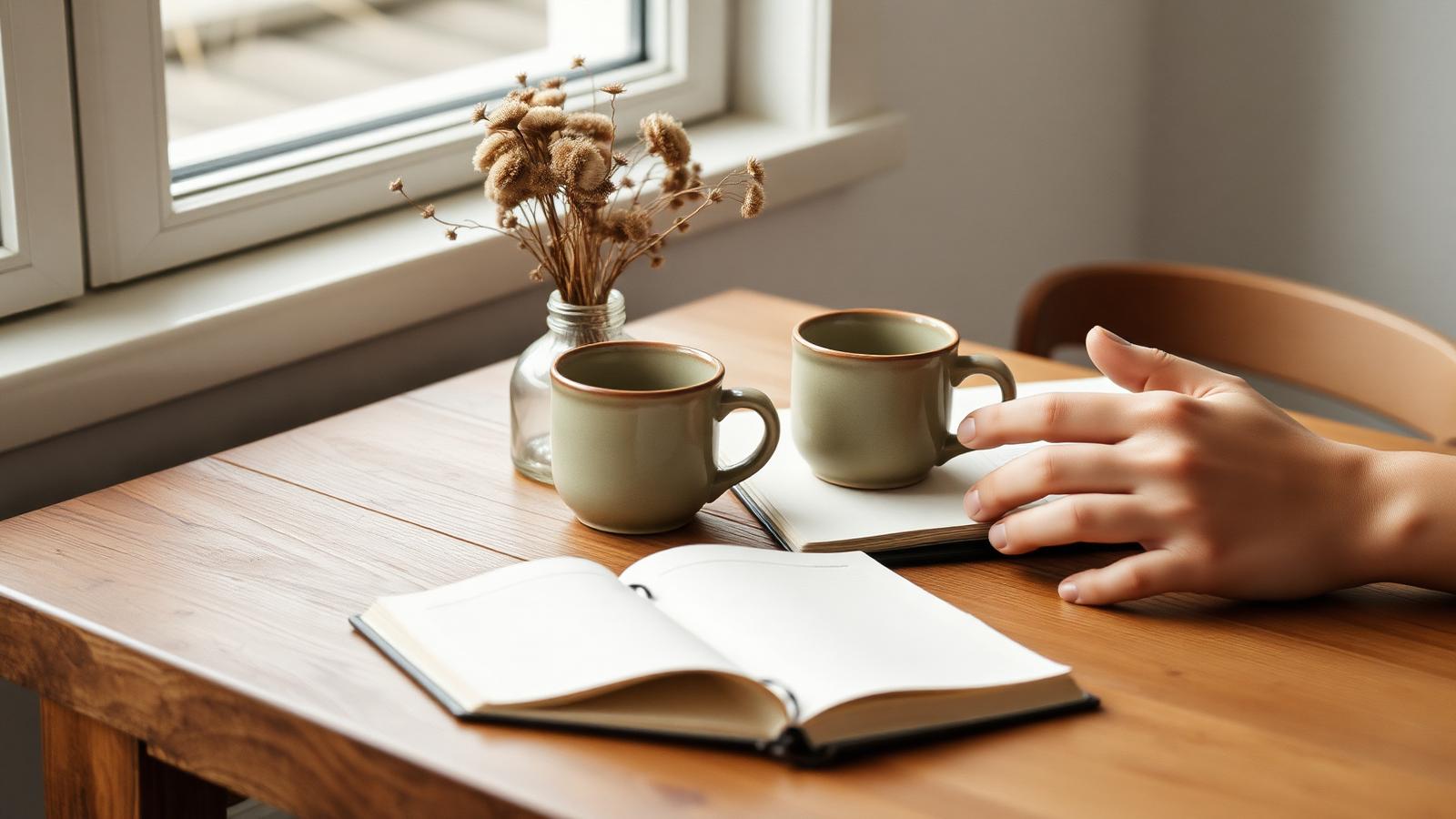 Two ceramic mugs on a wooden table beside a small vase of dried flowers and an open notebook, soft daylight from a nearby window — a quiet setting for two people to spend unhurried time together.