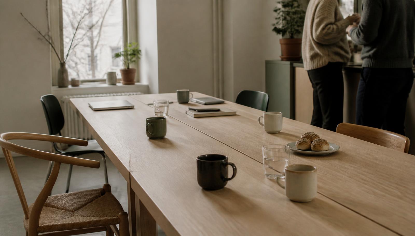 A long light birch table in a calm Nordic workplace kitchen, daylight from a tall window: several mismatched mugs and glasses at different places along the table, a plate of plain buns, closed laptops pushed to the far end, chairs pulled out at angles, and two colleagues out of focus at the edge of the frame.