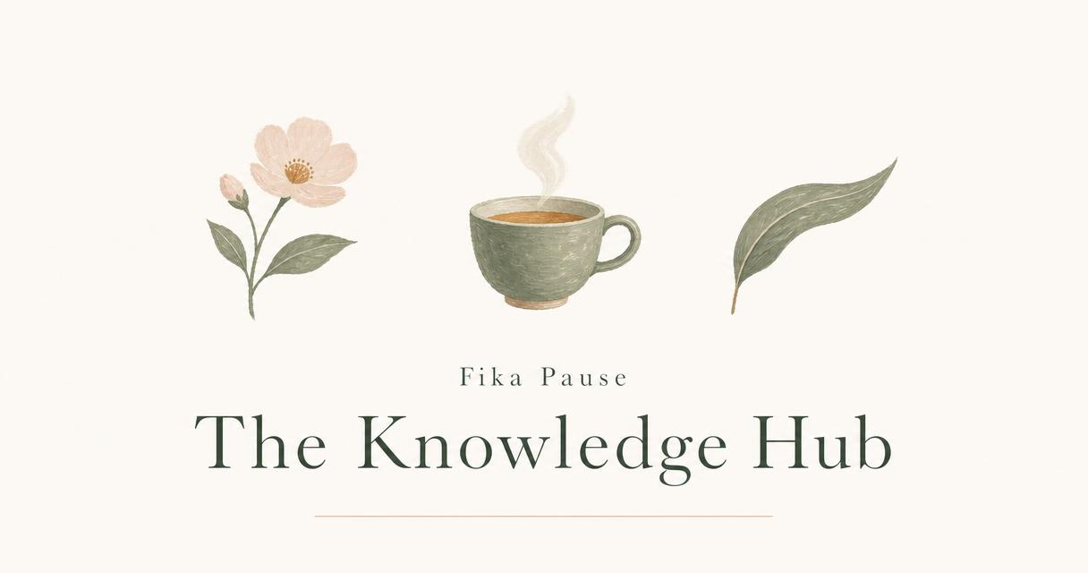 Fika Pause — bloom, cup, and leaf on cream paper.